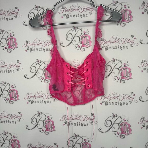 Cider tank top crop bustier corset lace up Lacie pink sexy ruffle straps floral - Picture 6 of 8